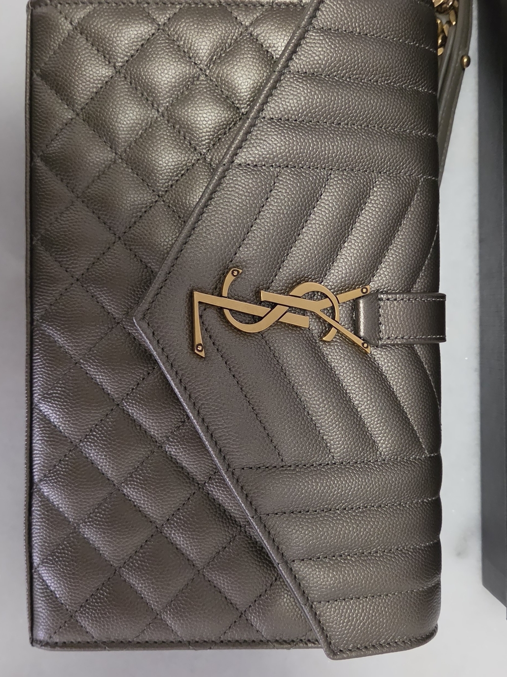 Yves Saint Laurent Quilted Taupe Leather Shoulder Bag with Gold YSL Logo